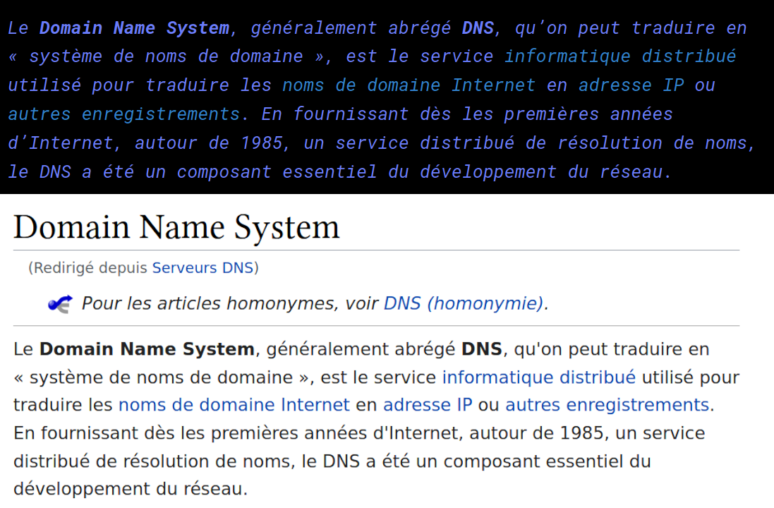 Le début de la page sur le DNS de wikipédia et la page sur la définition de DNS du site